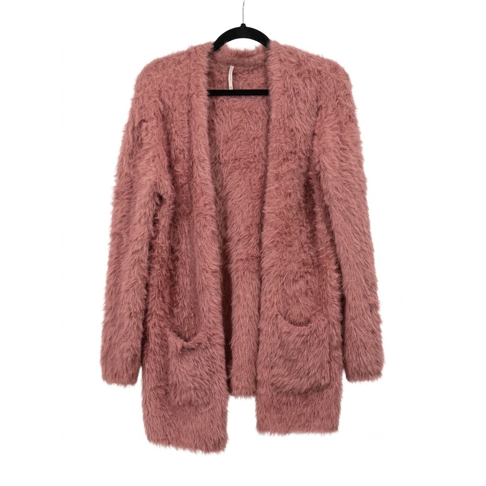 Free People Fuzzy Eyelash Knit Cardigan Dusty Rose Pink Open Front Sweater XS